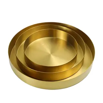 

3pcs Round Gold Storage Tray Fruit Food Dish Stainless Steel Jewelry, Make up, Candle Plate Decorative Tray