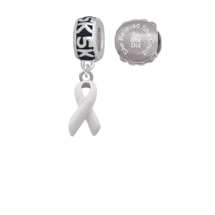 Silvertone White Ribbon 5K Run She Believed She Could Charm Beads (Set of 2)
