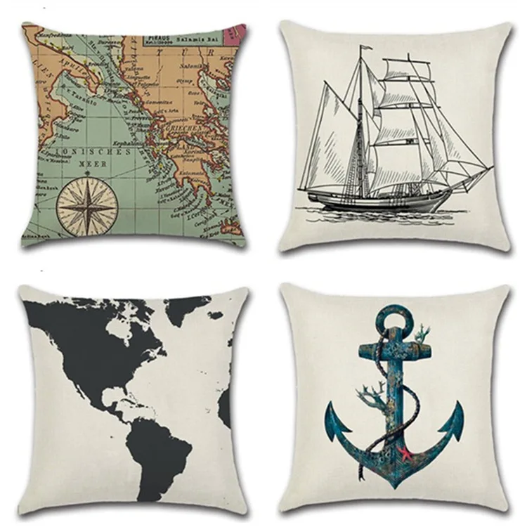 

Nautical Map Sketch Sailboats 45*45cm Cushion Cover Linen Throw Pillow Car Home Decoration Decorative Pillowcase