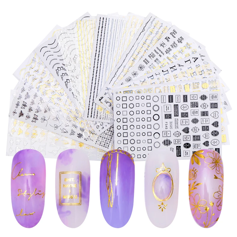 

3D Nail Art Stickers Decals Black Embossed Gold Alphabet Geometric Flower Patterns Adhesive Transfer Nail Decoration