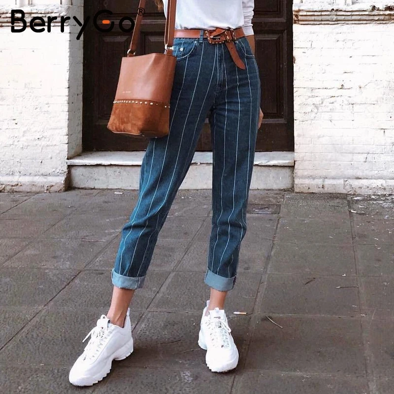

BerryGo Sexy stripe denim pants women summer Fashion zipper pocket high waist blue jeans Casual streetwaer skinny slim trousers
