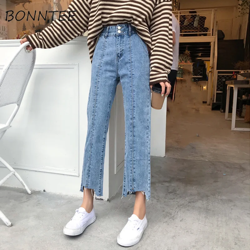 Jeans Woman High Waist Loose Buttons Korean Style Wide Leg Trousers Students Causal High Quality Ripped Denim Female Jean Simple