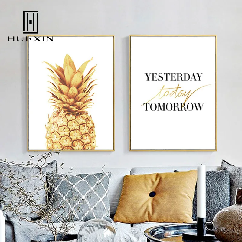 

Creative Golden Pineapple Liberty Letter Minimalism Wall Paintings Special Artistic Canvas Posters for Home for Cafes Decoration