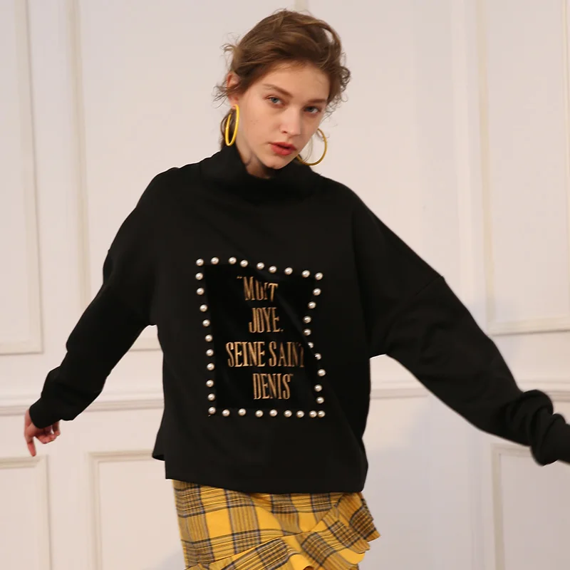 

Harajuku Turtleneck Hoodies women Pearl Beads Letter Sweatshirts pull femme hiver Hoodie Loose tops Mori girl Korean clothes new