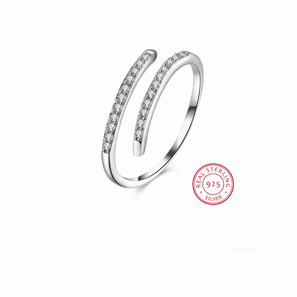 

925 Sterling Silver Two Line Zirconia Inlaid Stone Opening Wedding Rings, Bijoux Jewelry Round Adjustable Love Ring for Women