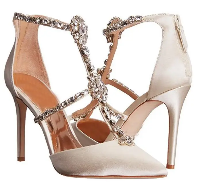 Элегантные женские Вечерние туфли на высоком каблуке 8 см с кристаллами; модельные туфли с Т-образным ремешком; стразы с острым носком на высоком каблуке; Цвет черный, белый, шампань