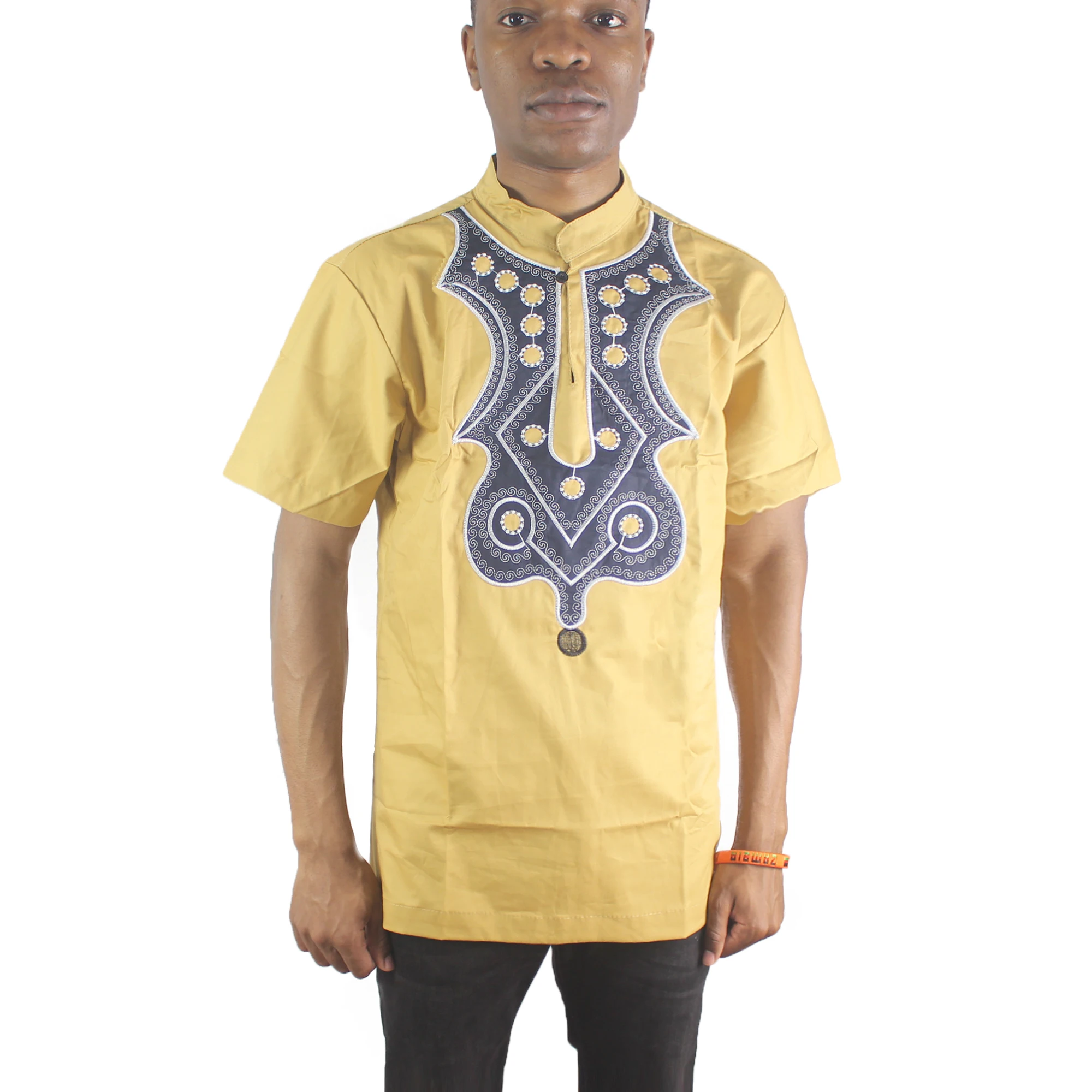 

Gold Novelty Bat Embroidery Ethnic Tops Short Sleeved and Side Slit Moslem Shirts for Summer Wearing