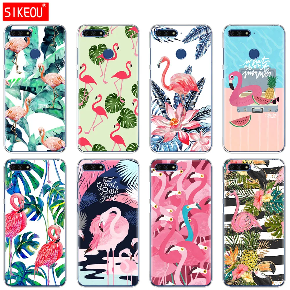 

Silicone Cover Phone Case For Huawei Honor 7A PRO 7C Y5 Y6 Y7 Y9 2017 2018 Prime flamingo green leaves summer