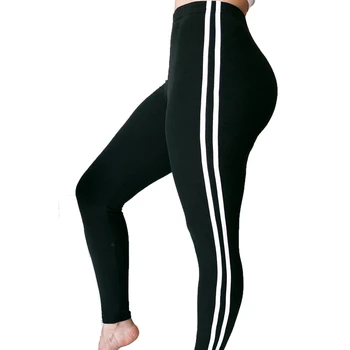 

ROPALIA Black Striped Side Leggings Ladies Ankle-Length Skinny Bottoms Women High Waist Casual Fitness Leggings Female