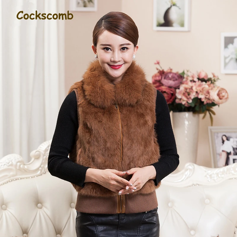 

Cockscomb Brand 2018 New Genuine Fox Fur Collar Women's Natural Rabbit Fur Vests Waistcoats Women Slim Sleeveless Fur Jacket