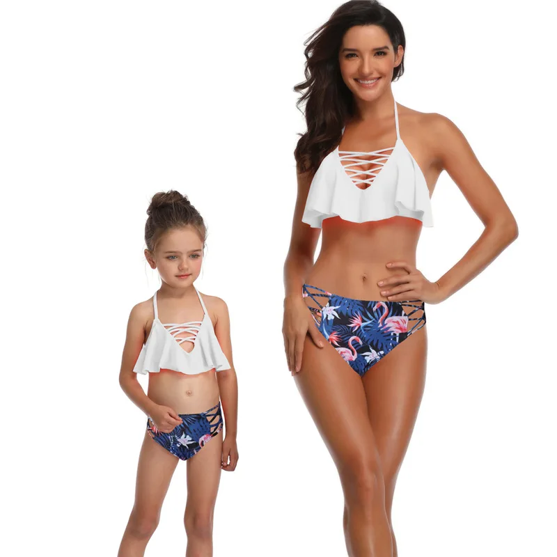 Mother Daughter matching Swimsuits Printing piece double lotus leaf Parent-Child Swimwear Family Matching Swimsuit Outfits - Color: 4