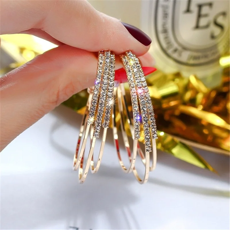 

S925 Silver Needle Rhinestone Crystal Circle Earrings Korean Fashion C Shape Geometry Hoop Earrings For Women Jewelry L4E692