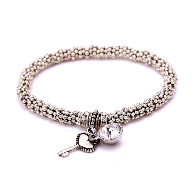 

Key of Heart Full Alloy Beads Silver Color Charm Bracelet for Women One Direction Elastic Crystal Bracelets Bangles pulseira