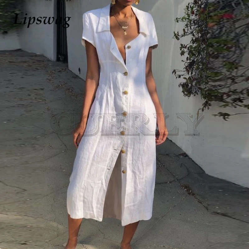 Image CUERLY 3XL Women Solid Short Sleeve Casual Loose V Neck Button Split Hem Long Dress Spring Summer Female Shirt Dresses CUERLY