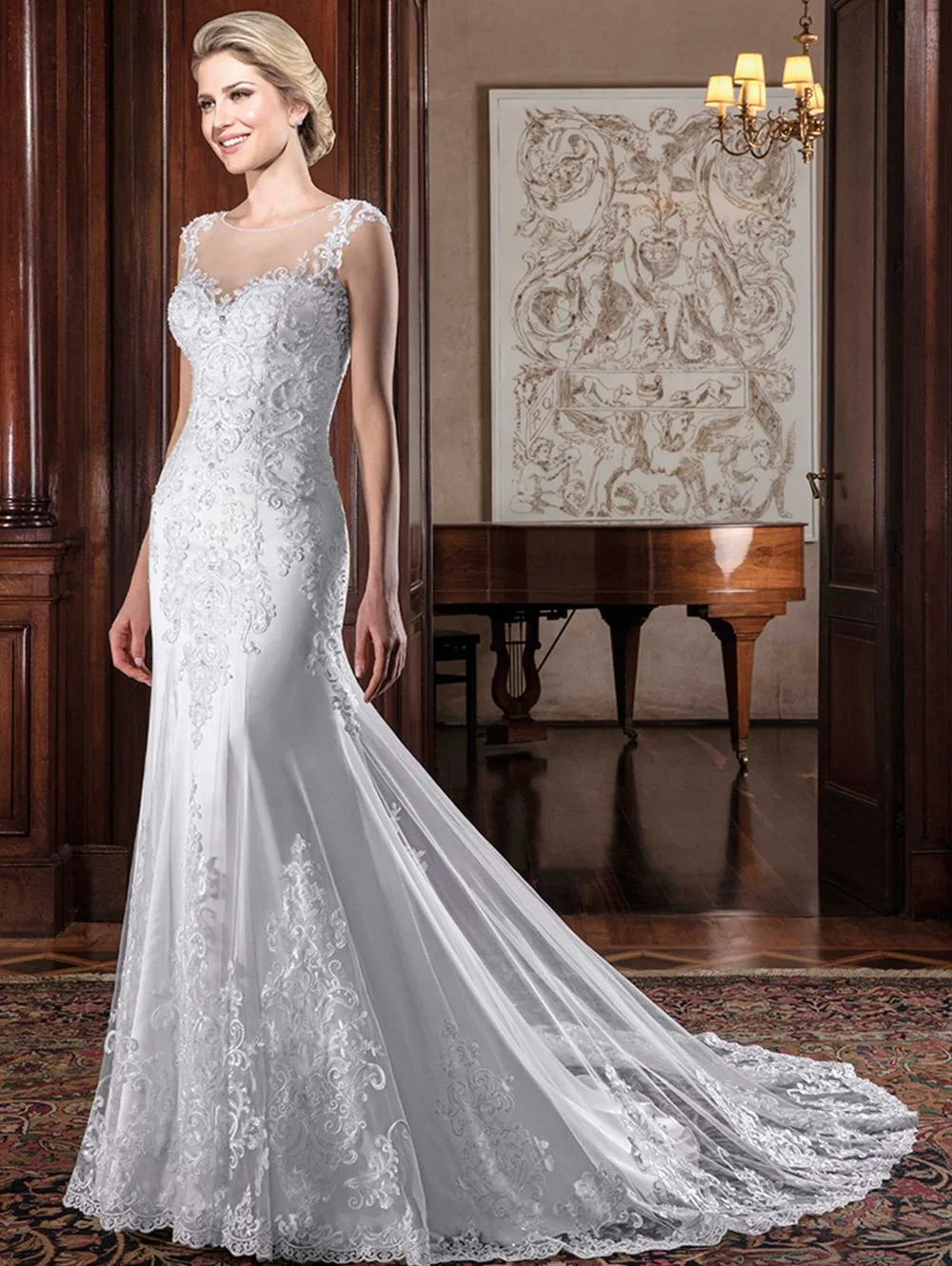 

2019 O neck wedding dress sleevesless vestido de noiva chapel train mermaid robe de mariee Custom made Plus size China dress