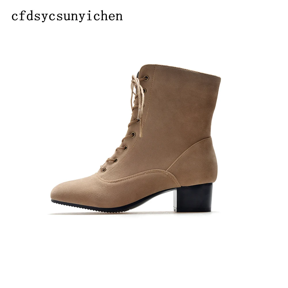 

Hot sale Black Gray Khaki Women Ankle Boots Ladies Dress Shoes Med Square Heels BA-BK-B05 Plus Big Size 11