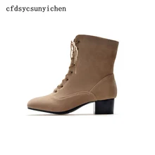 Venda quente Preto Cinza Khaki Mulheres Tornozelo Botas Senhoras Vestido Sapatos de Salto Med Praça BA-BK-B05 Além Big Size 11