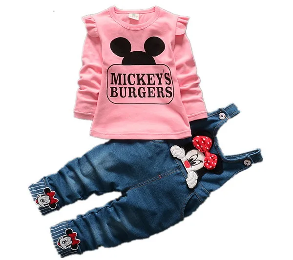 

2016 spring children denim overalls jeans pants + t shirt clothing set baby girls leisure cartoon clothes suit kids clothes set