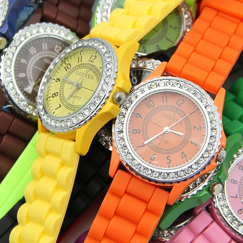 14 цветов, модные женские часы Geneva, стразы, кристалл, желе, гель, силиконовый, для девушек, Женские кварцевые наручные часы, аксессуар для платья
