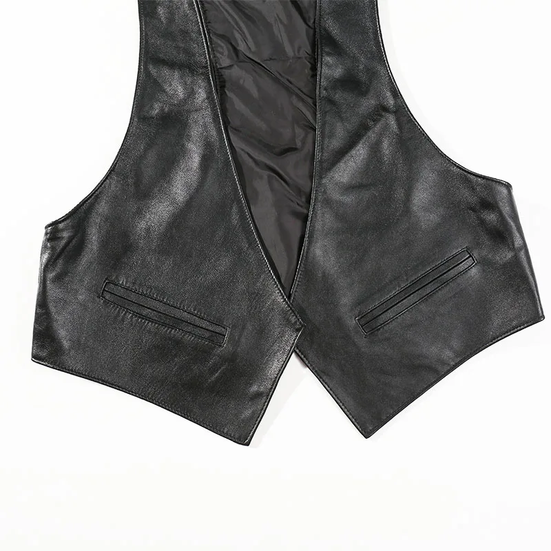 Perforé Sans De Véritable V Coréen Bawn Vêtements Noir D'équitation Femme Pour En Cuir Agneau Moto Mode Gilet Col Manches Ei YAvqUw6U