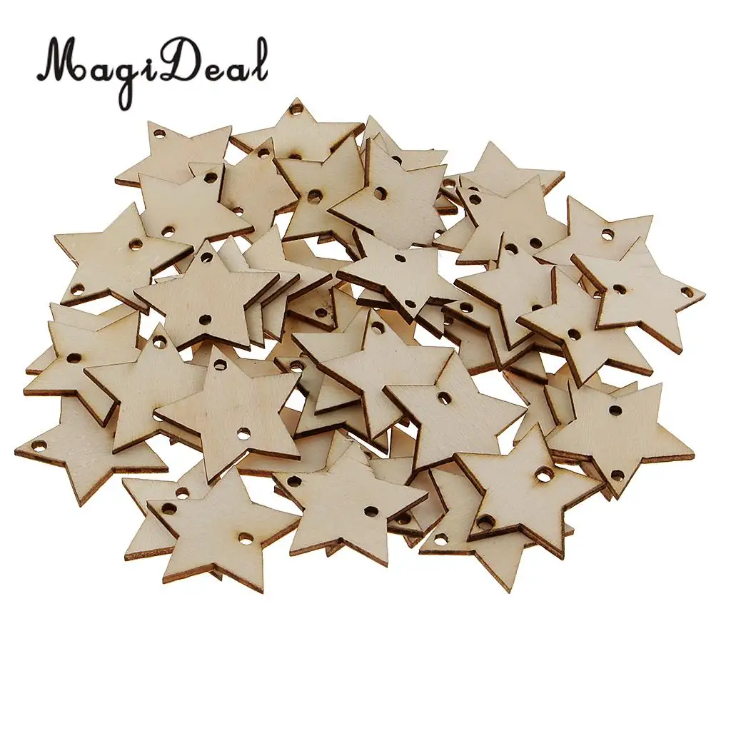 50pcs 35mm Unfinished Wooden Disc Star Tags MDF Wood Cutouts Crafts Embellishment With 2 Holes for DIY Wooden Board Decorations