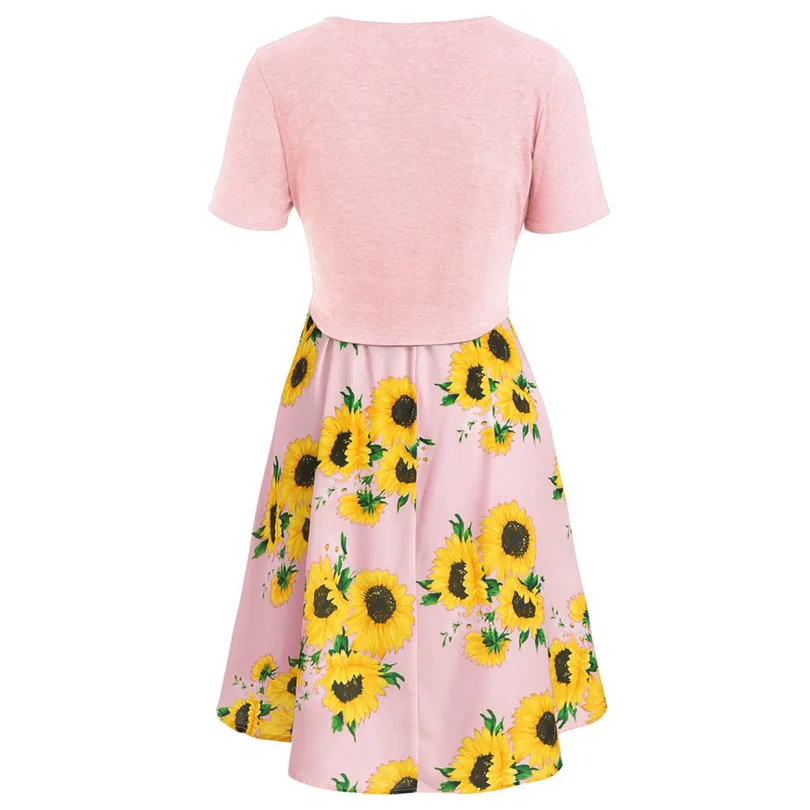 New Women Summer Sexy Short Sleeve Bow Knot Bandage Top Sunflower Print Mini Dress Suits Bohemian Casual Beach Dress #4A30 (19)
