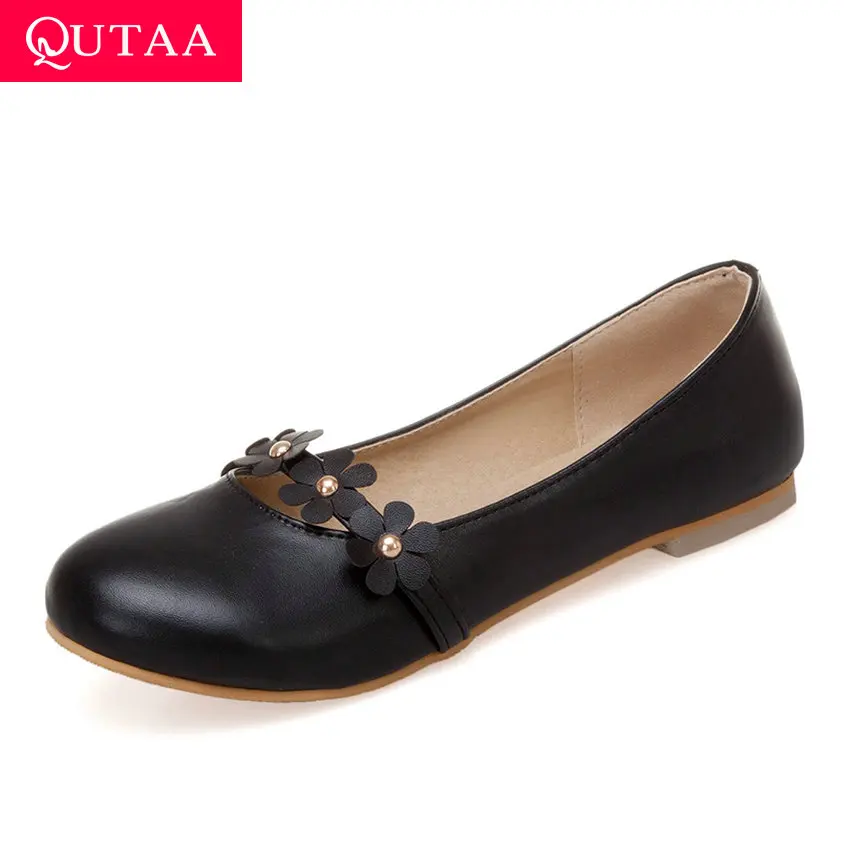 

QUTAA 2020 New Autumn Sweet Flower Single Shoes PU Leather Concise Round Toe Comfortable Women Flat Shallow Shoes Size 34-43