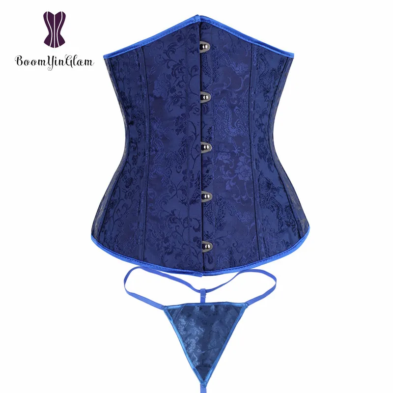 

Women's Waist Cincher Shaper Blue Underbust Corset Floral Pattern Retro Jacquard Lingerie With Thong 28334#