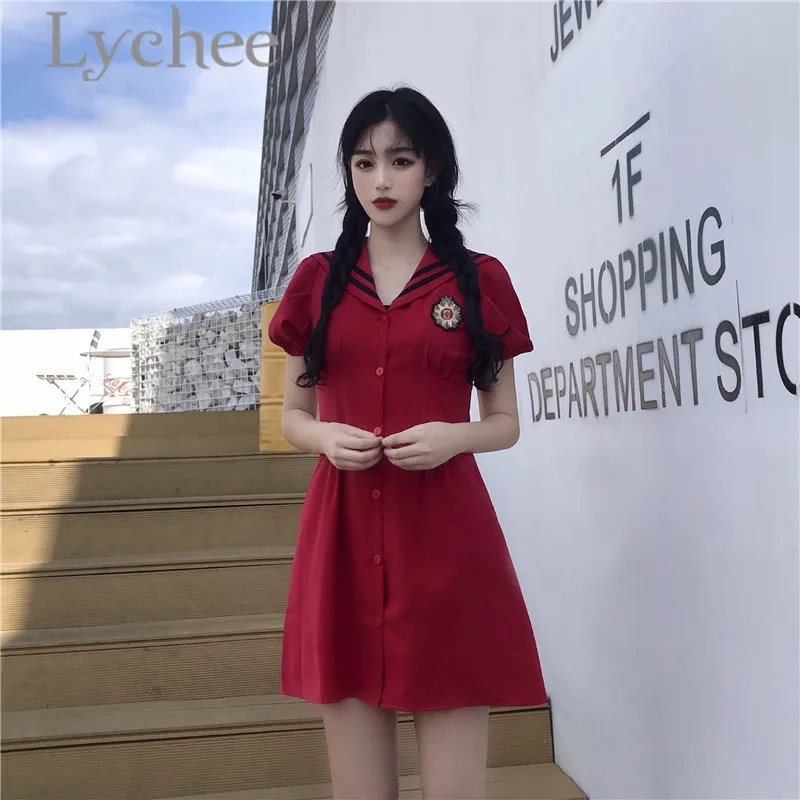 

Lychee Preppy Style Solid Color Lady Button Dress High Waist Above Knee Short Sleeve Sailor Collar Summer Spring Women Dress