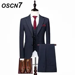 OSCN7 Slim Fit Leisure Suit Для мужчин плед 3 шт. Свадебные Бизнес костюмы для Для мужчин плюс Размеры модный костюм Homme XZ01