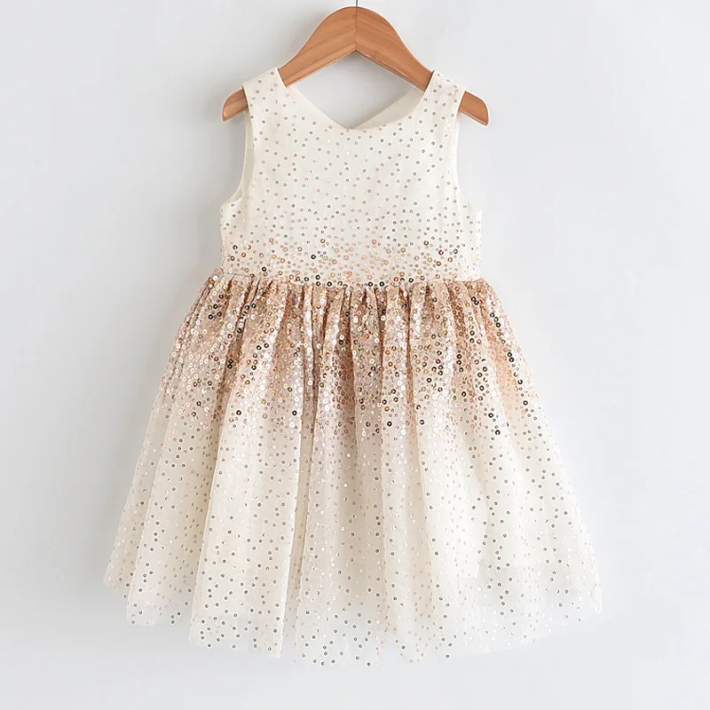 Платья для девочек; Новинка года; летняя детская одежда для девочек; милое Сетчатое платье без рукавов с блестками и круглым вырезом; платье принцессы