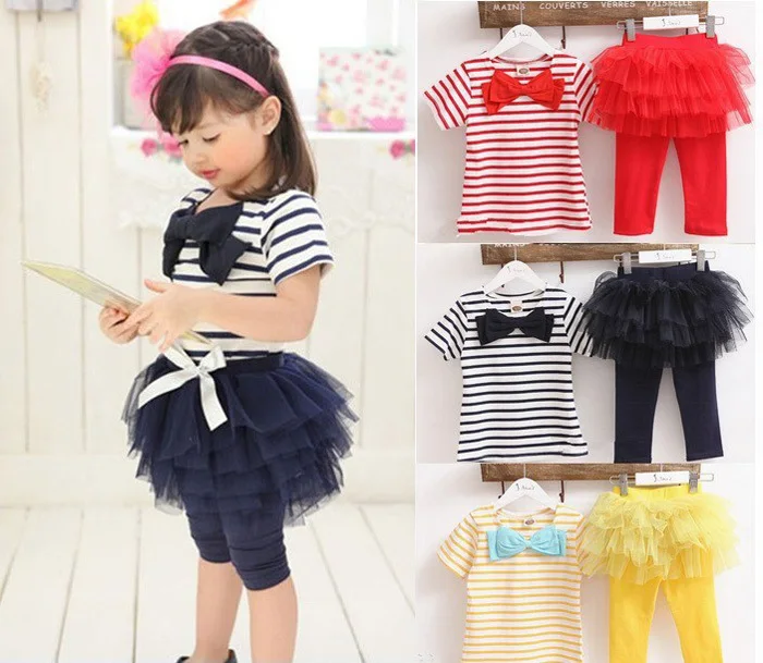 2pcs Baby Girl Kid Ruffled Sleeve Striped T-Shirt+Tulle Tutu Bow Skirt Set Outfits Clothes 2pcs Baby Girl Kid Ruffled Sleeve Striped T-Shirt+Tulle Tutu Bow Skirt Set Outfits Clothes
