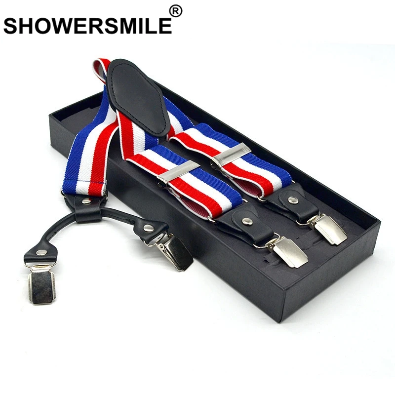 SHOWERSMILE полосатые подтяжки брюки мужские Эластичные Y Форма подтяжки 4 зажимы Подвески ремень 3,5*120 см темно-синий подтяжки мужской красный черный