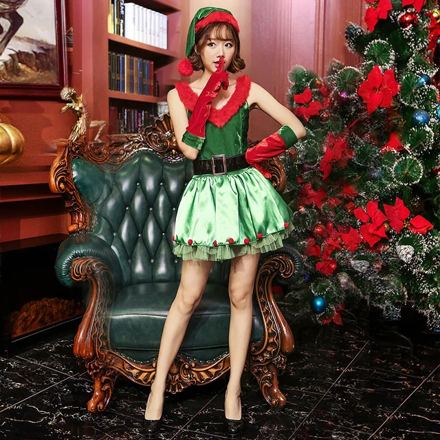 New Green Sexy Santa Mrs Claus Elf Women Christmas Costume Party Cosplay Dress With Red Heart