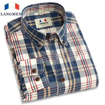 Mens plaid casual shirts long sleeve 100% cotton