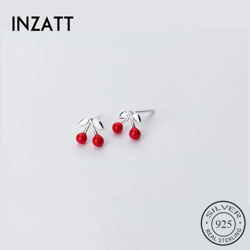 INZATT Настоящее серебро 925 пробы милые серьги гвоздики в форме вишни с красной