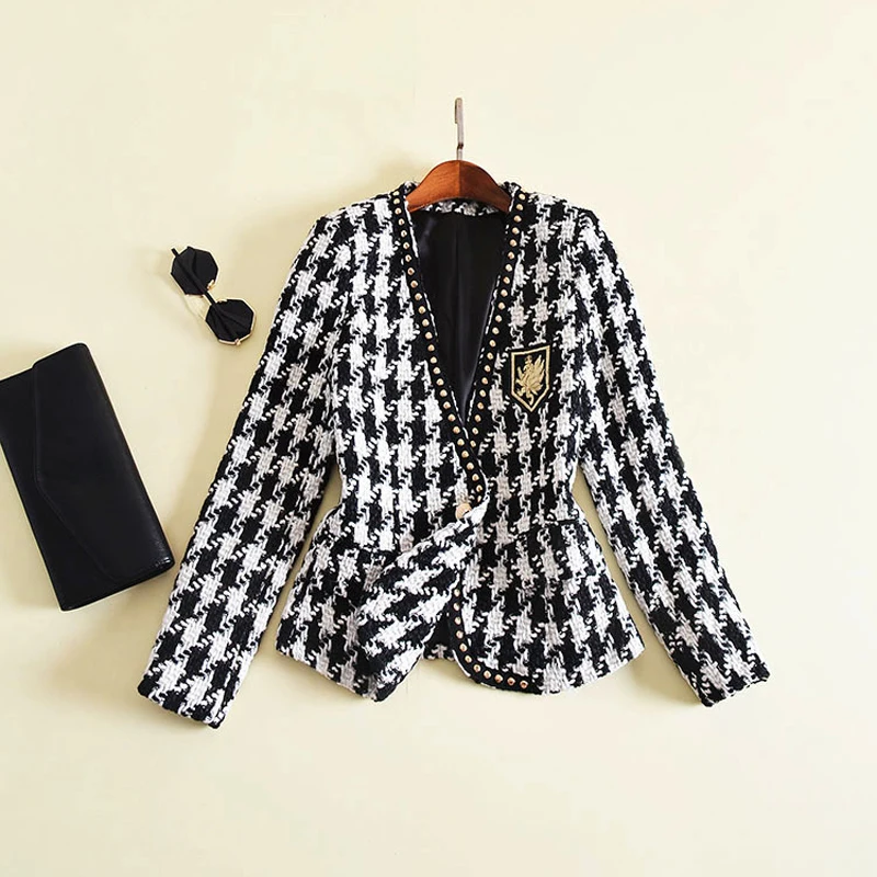 

New Fashion Runway 2019 Designer Jacket Women's Long Sleeve Badge Embroidery Rivet Houndstooth Tweed Jacket Outer Coat