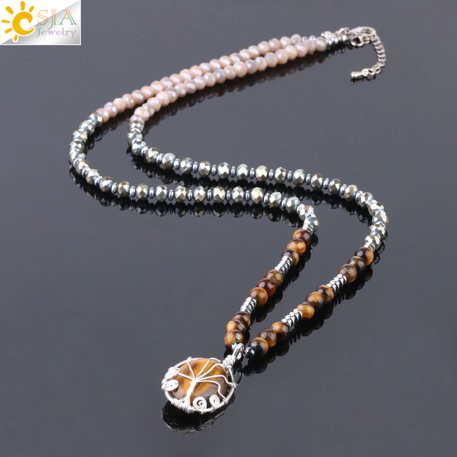 

CSJA Spiral Tree of Life Jewellery for Women Wire Wrap Oval Natural Tiger Eye Cabochon Gem Stone Pendant Long Bead Necklace S229