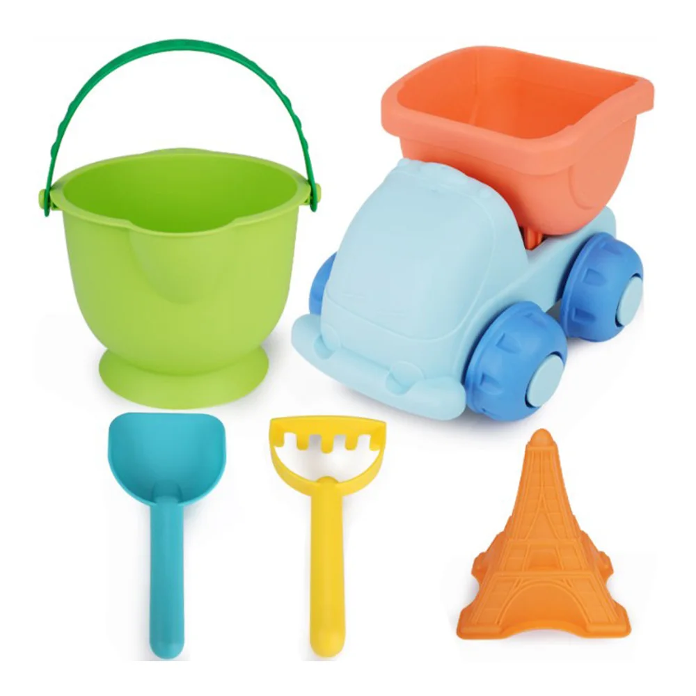 Best  5pcs soft silicone beach sand toys for children SandBox Set Sea sand bucket Rake play and fun Shove