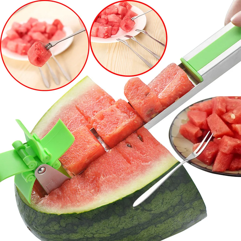 

Stainless Steel Watermelon Slicer Fruit Knife Cutter Ice Cream Ballers Melon Scoop Double Size Spoon Set watermelon cube slicer