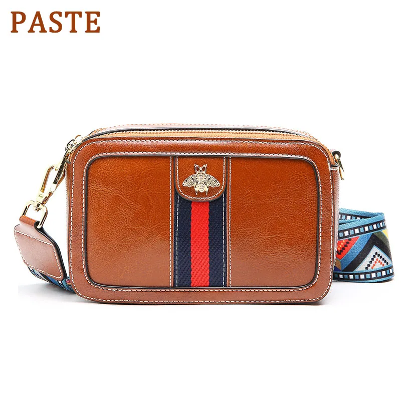 

PASTE Genuine Leather Handbag Shoulder Wide Straps Folder Stripe Satchel Bag Panelled Small Crossbody Bag Elegant Ladies Purse