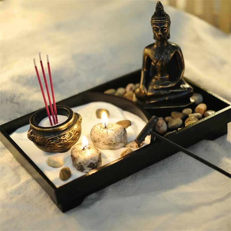 

Resin Buddha Statue Zen Meditation Peaceful Relax Decor Set Spiritual Zen Garden Sand Tray Kit Buddha Incense Burner