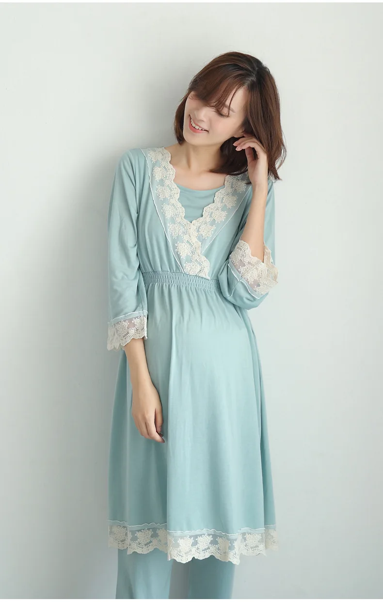 2 Pieces Sexy Lace Maternity Pajamas for Pregnant Women Long Sleeves Nursing Sleepwear Breastfeeding Pajamas Maternity Clothes