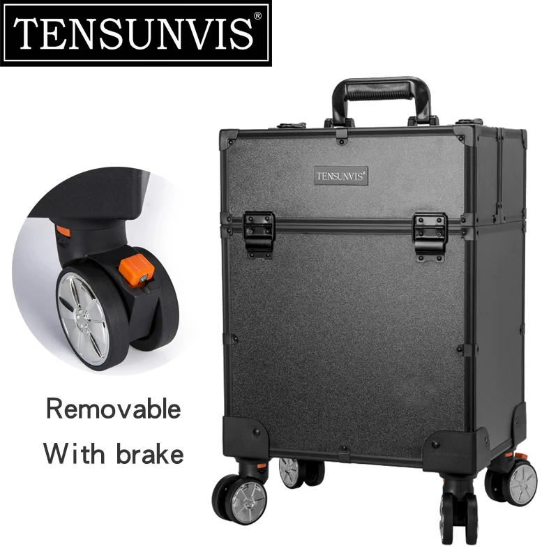 

TENSUNVIS Black 4 Rolling Wheel MDF Artist Makeup Cosmetic Train Case Lockable Box Rolling Trolley Cosmetic Case