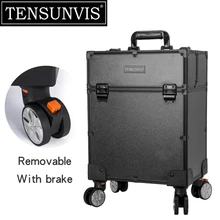 TENSUNVIS Black 4 Rolling Wheel MDF Artist Makeup Cosmetic Train Case Lockable Box Rolling Trolley Cosmetic Case
