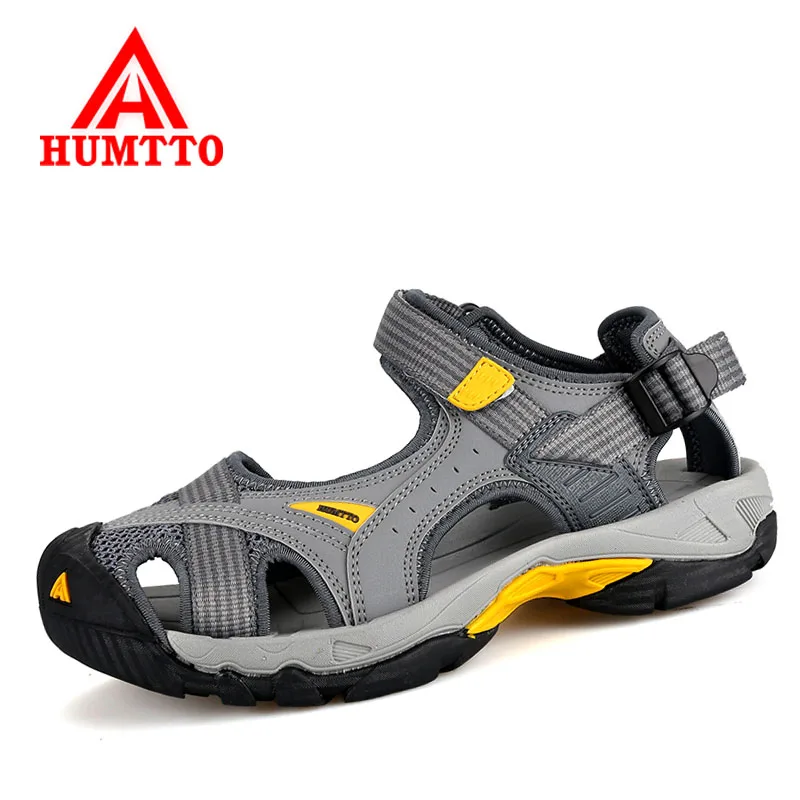 Humtto الصيف الصنادل الصنادل في الهواء الطلق التنزه المضادة للانزلاق الرجال جلد طبيعي شاطئ أحذية تسلق الجبال