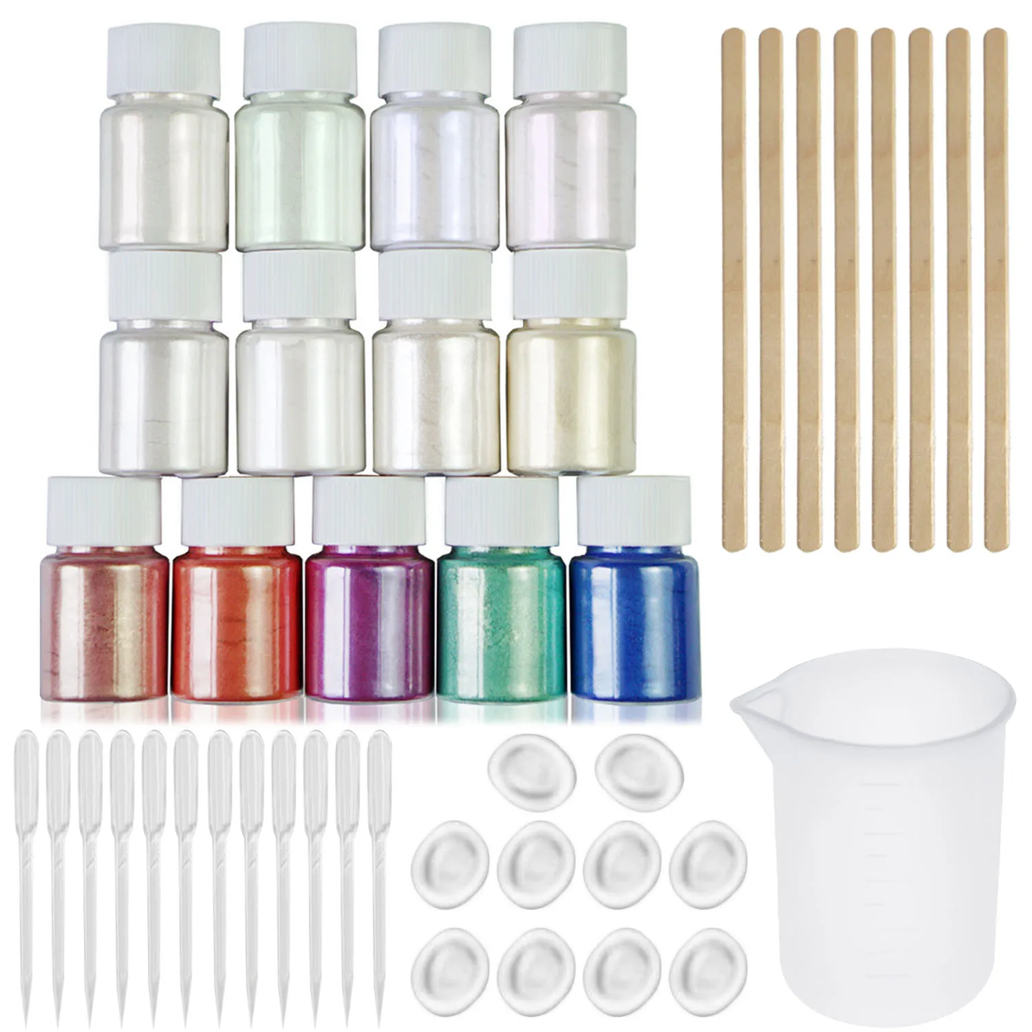 

13 Colors Colorant Pigments Mica Pearl Powder w/ Measuring Cup 3ml Dropper Mini Stirring Spoon Finger Cots for DIY Craft Slime