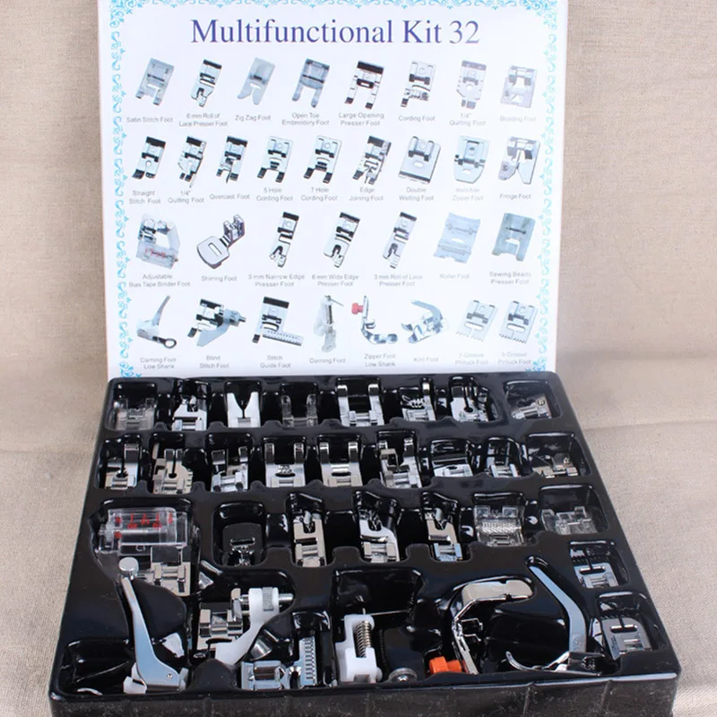 Online Máquina de coser doméstica prensatelas pies Kit Set con caja cantante Janom máquinas de coser herramientas para pies ACCESORIOS Herramienta de coser