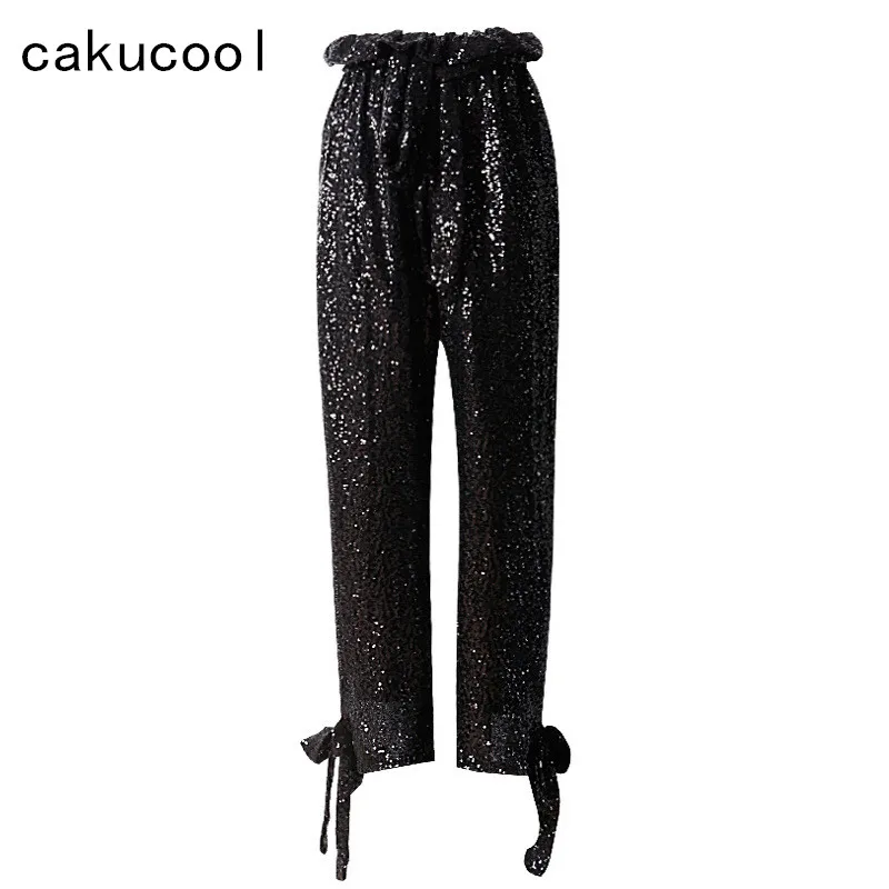

Cakucool New Runway Design Black Pants Women Full Sequined Elastic Waist Bling Capris Punk Straight Long Trousers Pant Female