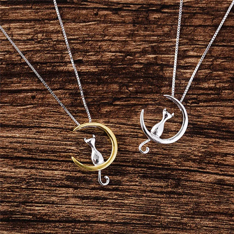 1Pc New Fashion Jewelry Silver Gold Moon Lovely Cat Necklaces Pendant Women Christmas Gifts Simple Temperament Cute Chain D10 (8)